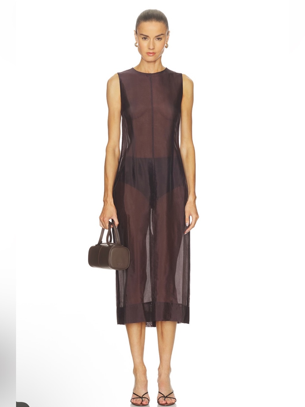 NWT L'Academie Sheer Sleeveless Midi dress in Deep Brown